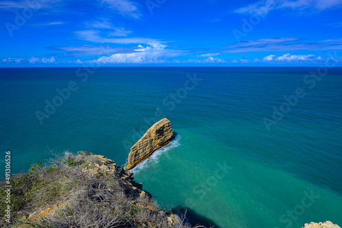 View from mountain to natural breakwater rock Dominican Republic. Tourist place
