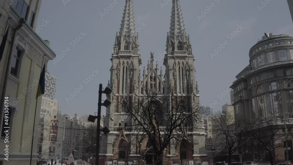Gothic style cathedral in the winter. Saint Nicolas church in Kyiv, Ukraine. Roman Catholic Church. Aerial. 