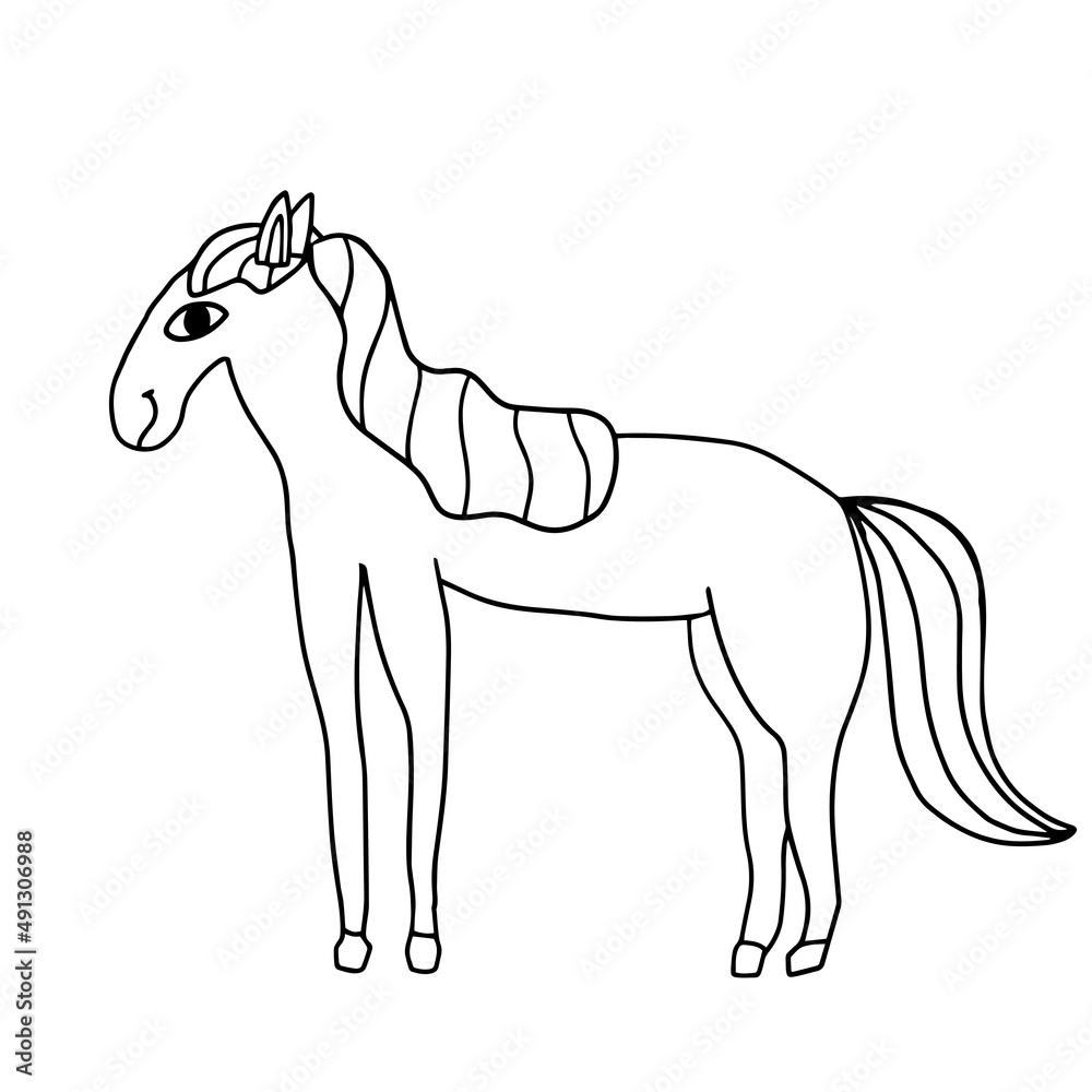 Obraz premium Cute doodle horse drawing cartoon for kids and baby isolated on white background.