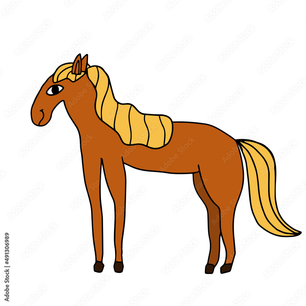 Obraz premium Cute doodle horse drawing cartoon for kids and baby isolated on white background.