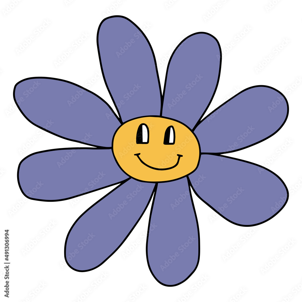 Groovy Smiley Flower with
Hippie . Positive 70s retro smiling daisy flower print. Groovy Smiley Flower with
Hippie . Positive 70s retro smiling daisy flower print.
