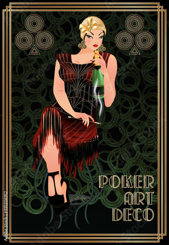 Clubs casino poker card with woman art deco style, vector illustration