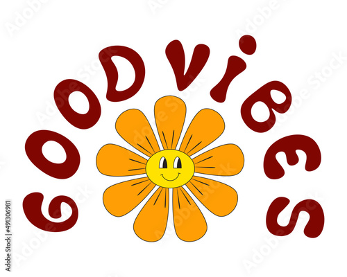 Groovy Smiley Flower with Hippie Slogan Good Vibes. Positive 70s retro smiling daisy flower print with inspirational slogan.