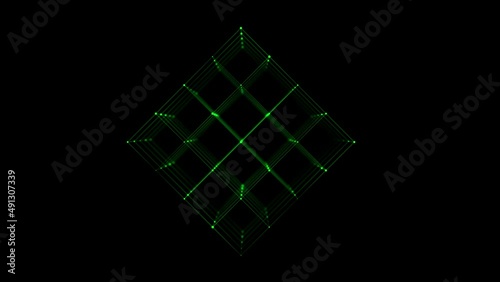 Wireframe polygonal element. Abstract black background with green cube. Technology shape conection lines and dots. Futuristic concept. Perspective. 3d cube icon. Illusive form. Grid structure.