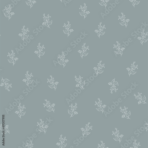 Vector green and gray illustration. Floral seamless pattern. Bouquet of wild flowers. Hand drawn flower field. Simple flowers. Flowering heads of field chamomile. Outline drawing.