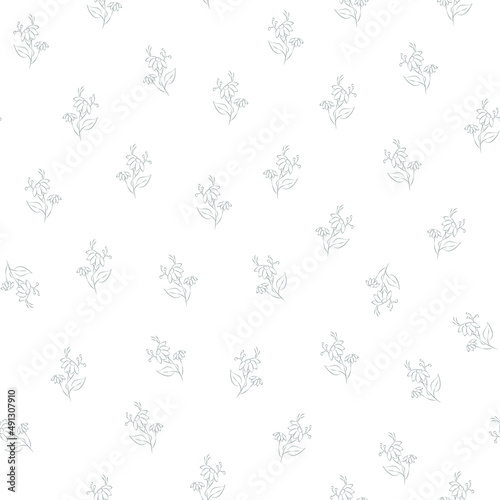 Vector green and gray illustration. Floral seamless pattern. Bouquet of wild flowers. Hand drawn flower field. Simple flowers. Flowering heads of field chamomile. Outline drawing.