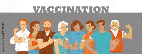 Vaccination healthcare Covid-19 campaign banner, flat vector illustration.