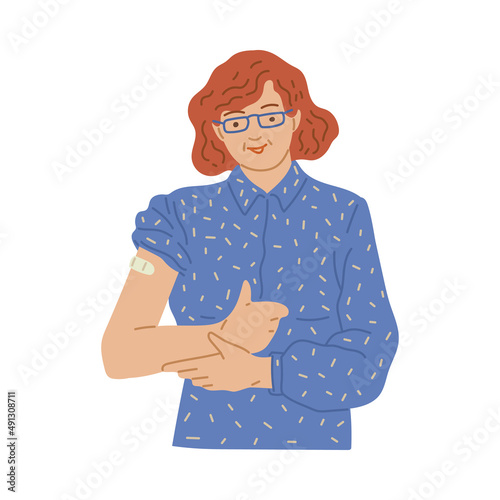 Woman after Coronavirus Covid-19 vaccine, flat vector illustration isolated.