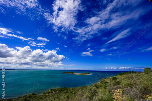 View from mountain to an island in bay at Monte Cristi in Dominican Republic.