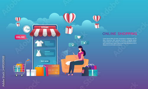 Online shopping on website E-commerce or mobile phone applications vector concepts and digital marketing. The woman is shopping on the mobile phone. Vector.
