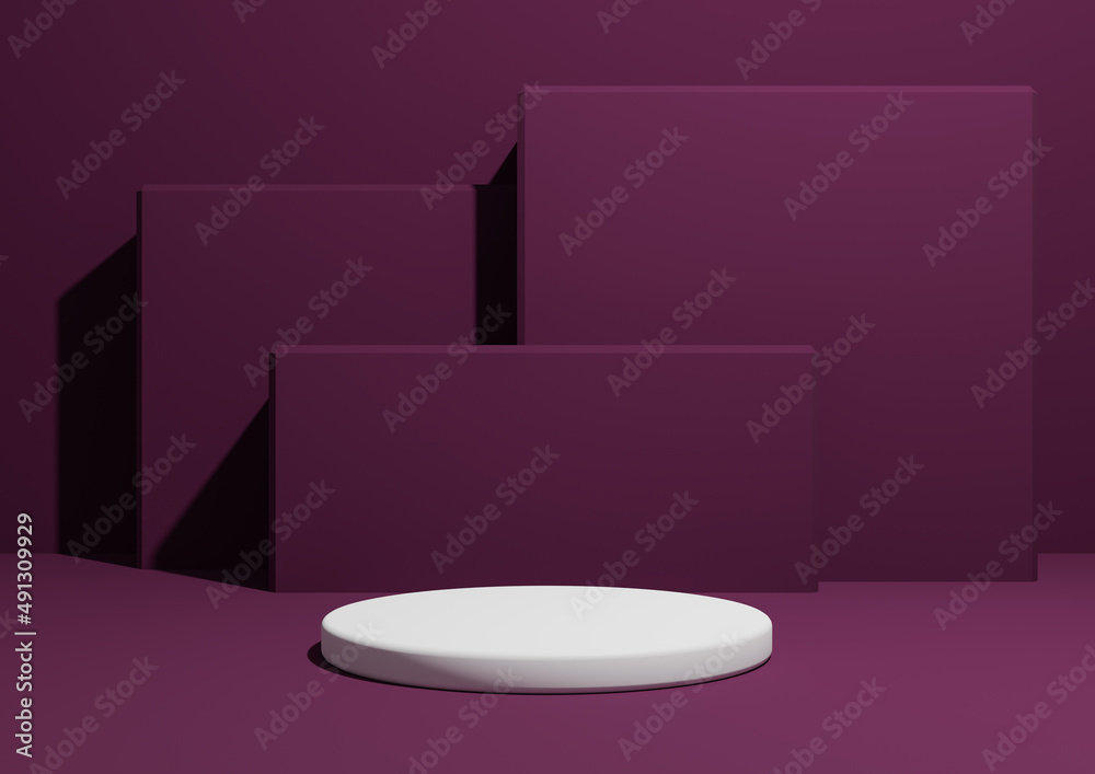 Dark magenta, purple, 3D render of a simple, minimal product display composition backdrop with one podium or stand and geometric square shapes in the background. Dark magenta, purple, 3D render of a simple, minimal product display composition backdrop with one podium or stand and geometric square shapes in the background.