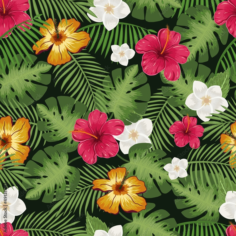 Tropical floral colorful seamless pattern with beautiful hibiscus flowers green palm and monstera leaves vector