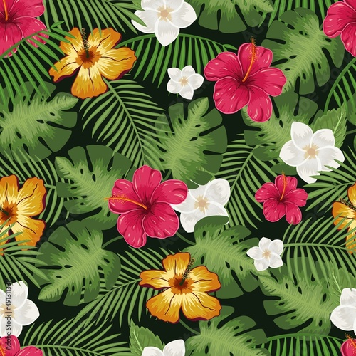 Tropical floral colorful seamless pattern with beautiful hibiscus flowers green palm and monstera leaves vector © nataliakarebina