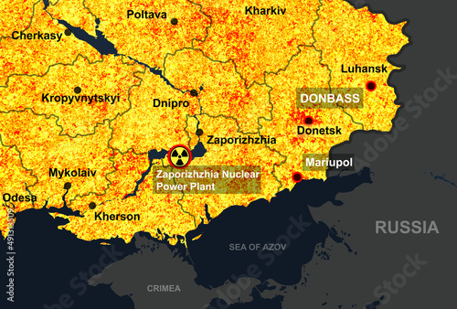 War in Ukraine on map, illustration of cities and hot spots in south-east of Ukraine photo