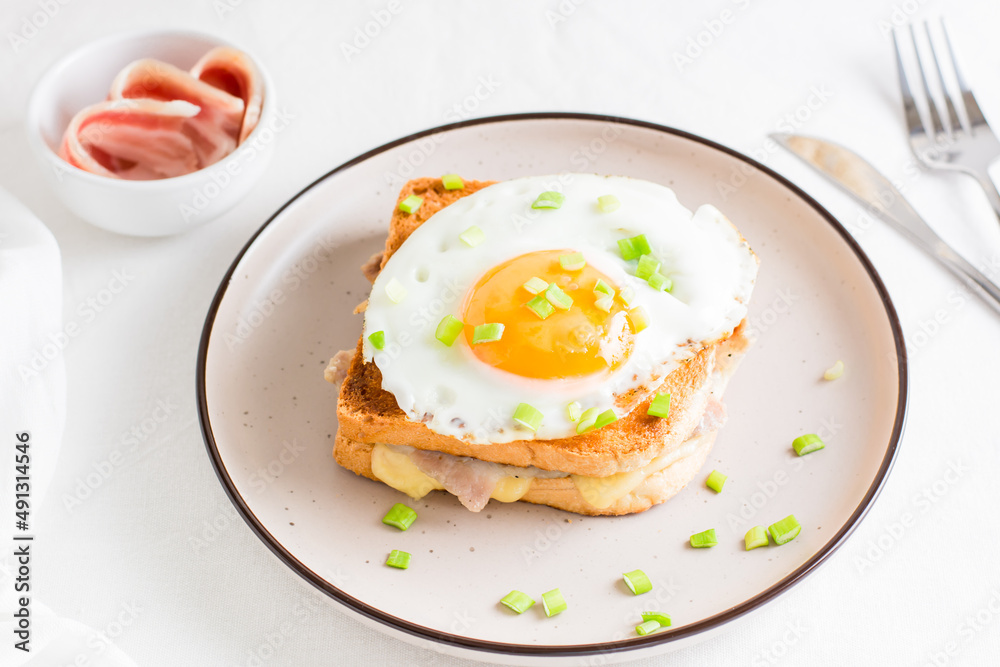 Croque madam sandwich with cheese, ham and egg on a plate on a light table. Hearty homemade breakfast Croque madam sandwich with cheese, ham and egg on a plate on a light table. Hearty homemade breakfast
