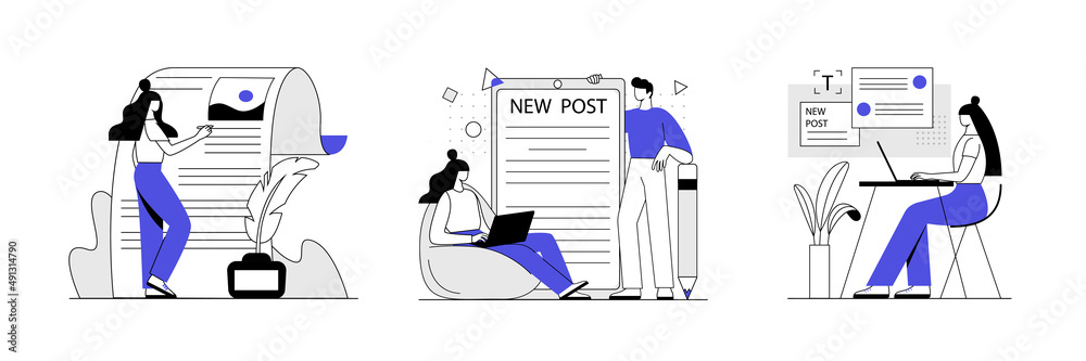 copywriting concept with character. Flat black and blue vector illustration isolated on white background.