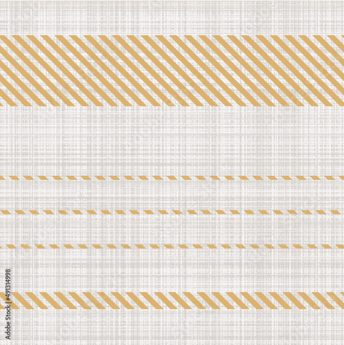 Seamless French country kitchen stitch stripe fabric pattern print. Yellow white vertical striped background. Batik dye provence style rustic woven cottagecore textile. 