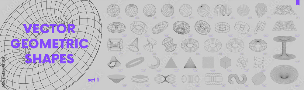 Collection of strange wireframes vector 3d geometric shapes, distortion and transformation of figure, set of different linear form inspired by brutalism, graphic design elements, set 1