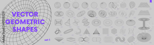 Collection of strange wireframes vector 3d geometric shapes, distortion and transformation of figure, set of different linear form inspired by brutalism, graphic design elements, set 1