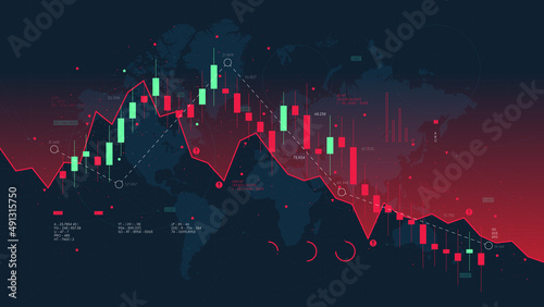 Graph of financial market analytics on the background of the world map, the fall and the crisis of the global economy, report from business analysis, vector illustration