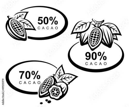 Cacao beans label and icons set. Vector