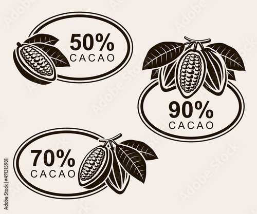 Cacao beans label and icons set. Vector