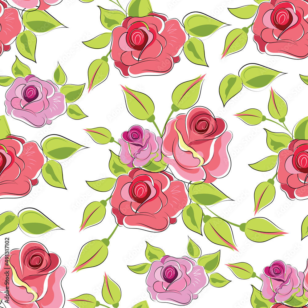 Roses.Seamless pattern with blooming flowers for holidays,decorations, packaging, printing, design ved. Vector image. 