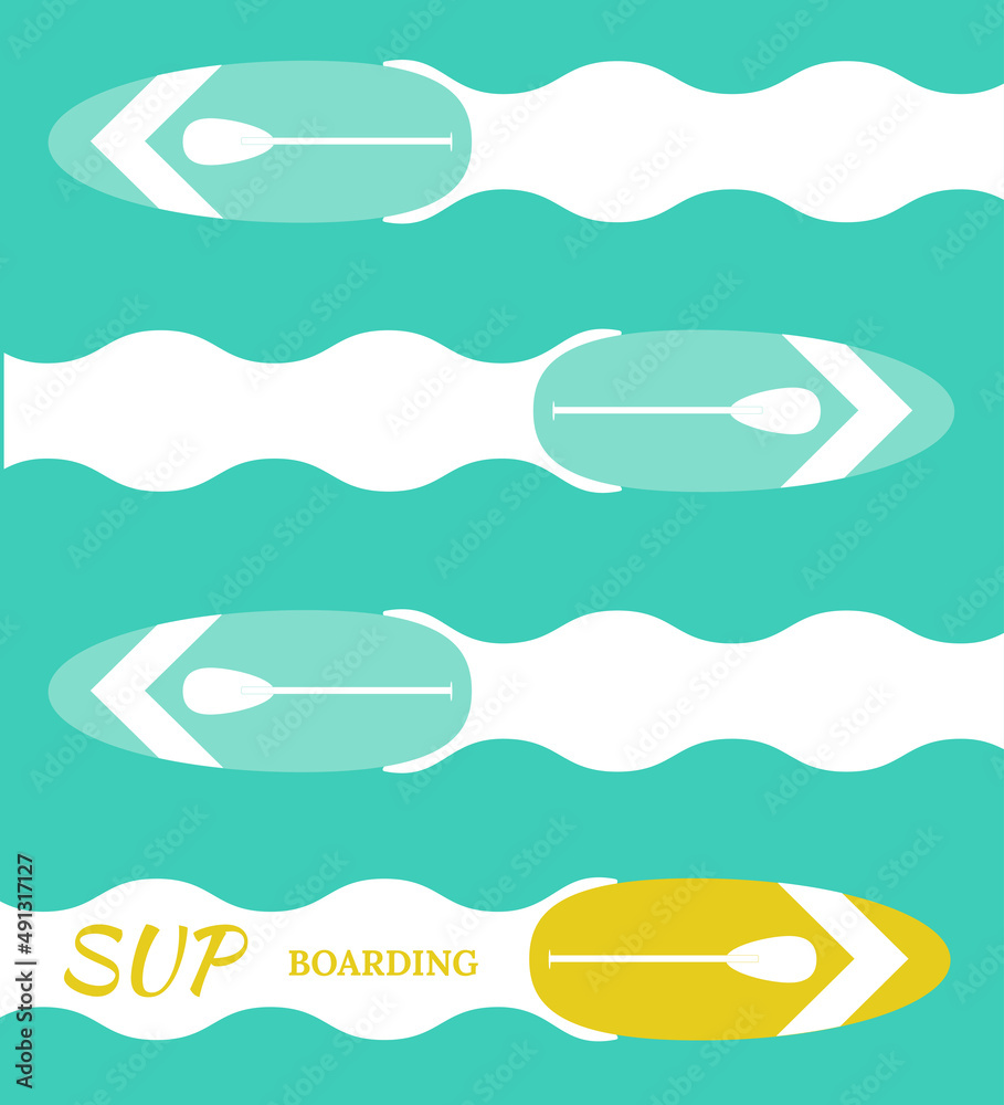 Stand Up Paddle- inflatable board, paddle an water background.  Vector illustration, flat style, background image for banner, poster.