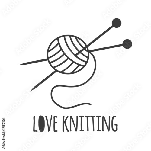 Icon ball of yarn for knitting and knitting needles. Vector illustration in outline style, text love knitting. Drawing for logo, advertising, infographics.