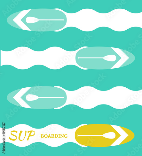 Stand Up Paddle- inflatable board, paddle an water background.  Vector illustration, flat style, background image for banner, poster.