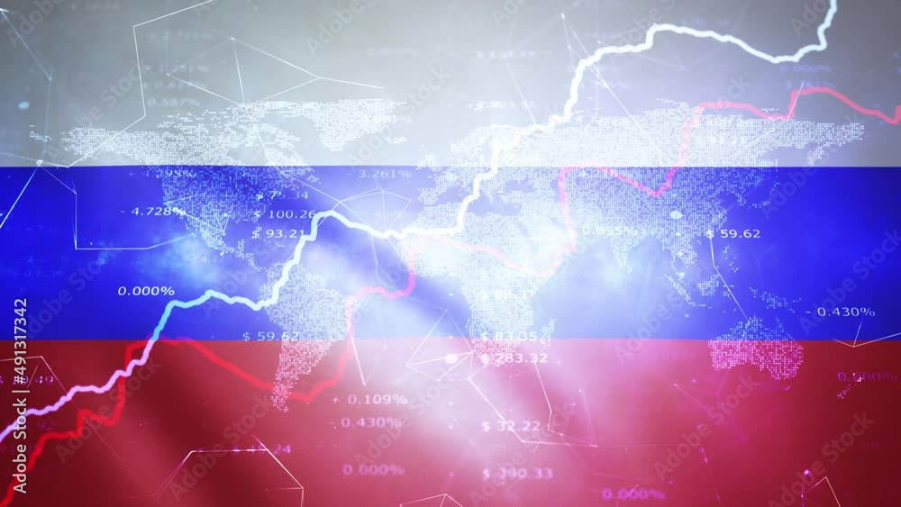Business infographics world map on a russian flag background money inflation concept animation. Business infographics world map on a russian flag background money inflation concept animation.