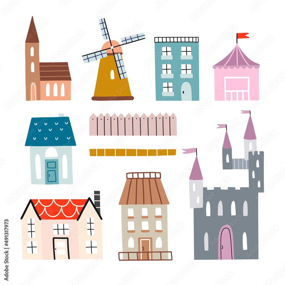 Cute houses and buildings vector set. Castle, windmill, architectural elements illustrations