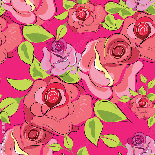 Roses. Floral seamless pattern with blooming flowers and leaves. Vector image for packaging  wallpapers  decorations  holidays  web and print. 