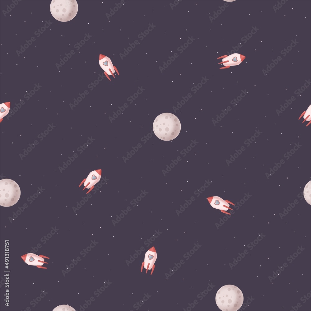 Pink rocket  and moon seamless pattern.Space background. Happy valentines day