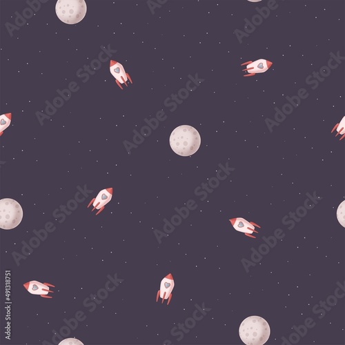 Pink rocket and moon seamless pattern.Space background. Happy valentines day