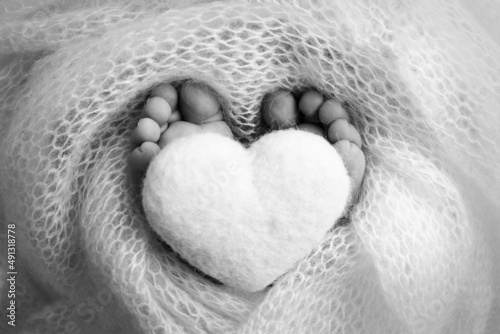 The tiny foot of a newborn baby. Soft feet of a new born in a wool blanket. Close up of toes  heels and feet of a newborn. Knitted heart in the legs of baby. Macro photography. Black and white. 