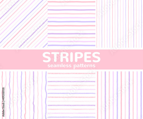 Fototapeta Naklejka Na Ścianę i Meble -  Soft pink, lilac hand drawn striped seamless repeat vector patterns set. Brush, pastel or chalk drawn bars. Uneven doodle stripes, wavy streaks, waves backgrounds. Deformed, textured, rough edges.