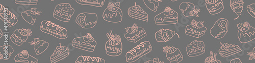 Seamless pattern with hand drawn outline cakes and desserts. Vector illustration.