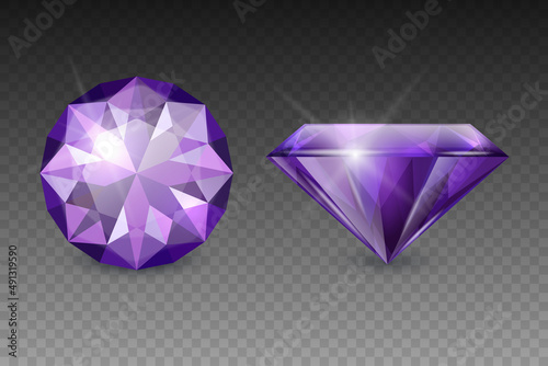 Vector 3d Realistic Purple Transparent Gemstone, Diamond, Crystal, Rhinestones Icon Set Closeup Isolated. Jewerly Concept. Design Template, Clipart. Top and Side View