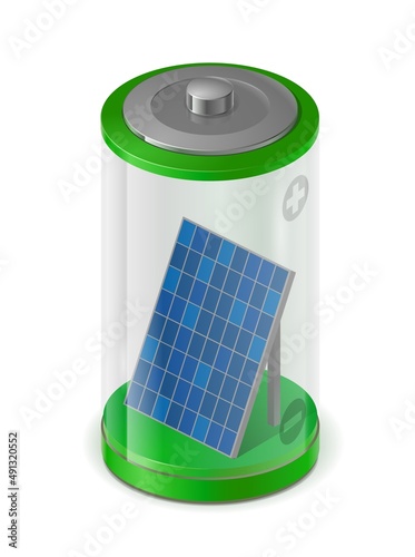 isometry green battery with solar battery inside. Renewable energy, green energy. photo