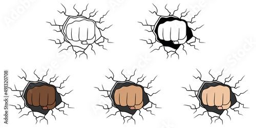 Fist Punching through a Wall Clipart Set - Outline, Silhouette and Color