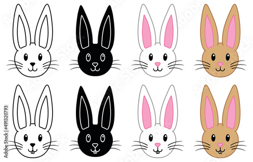 Bunny Rabbit Face Clipart Set - Outline, Silhouette, White and Brown