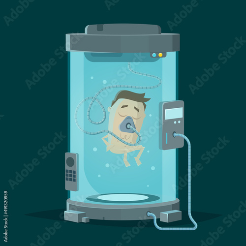 cartoon illustration of a man sleeping in futuristic floating tank
