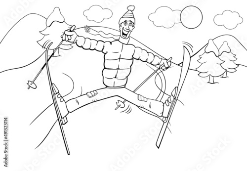 cartoon man skiing on winter time coloring book page