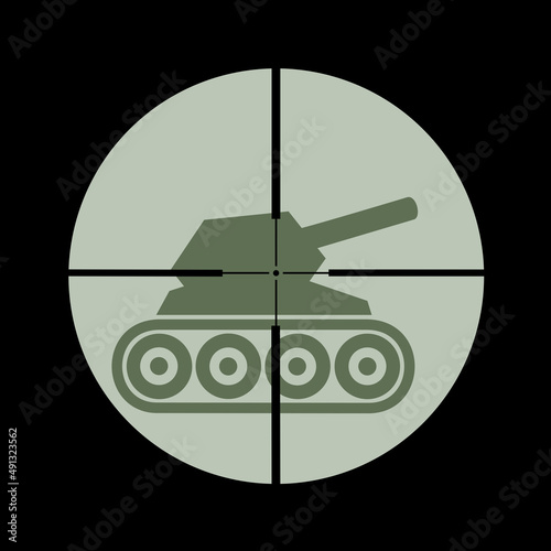 Tank is targeted by anti-tank missile. Armoured vehicle is going to be destroyed by military weaponry in combat, war, warfare and conflict. Vector illustration.