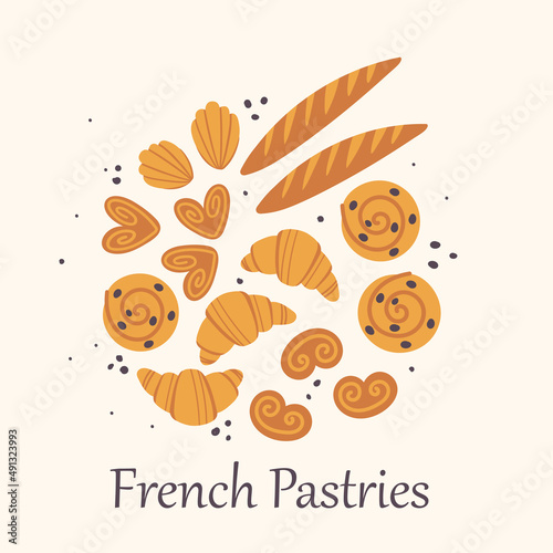 Flat vector illustration with traditional symbols of France, food and architecture. French cuisine. Set with croissant, baguette, Madeleine cookies, pastries, brioche
