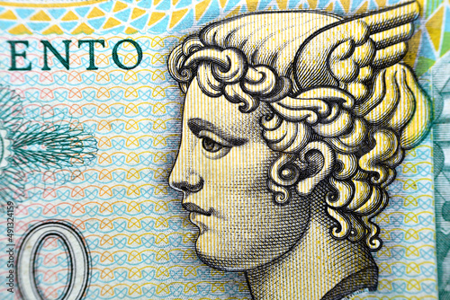 Image of Mercury from the obverse side of 500 five hundred Italian Lire banknote currency 1976, old Italian money, vintage retro, Italy, selective focus