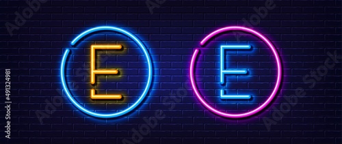 Initial letter E icon. Neon light line effect. Line typography character sign. Large first font letter. Glowing neon light element. Letter E glow 3d line. Brick wall banner. Vector