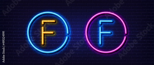 Initial letter F icon. Neon light line effect. Line typography character sign. Large first font letter. Glowing neon light element. Letter F glow 3d line. Brick wall banner. Vector