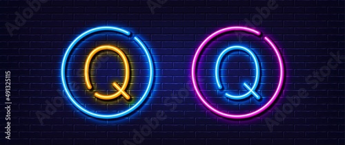 Initial letter Q icon. Neon light line effect. Line typography character sign. Large first font letter. Glowing neon light element. Letter Q glow 3d line. Brick wall banner. Vector